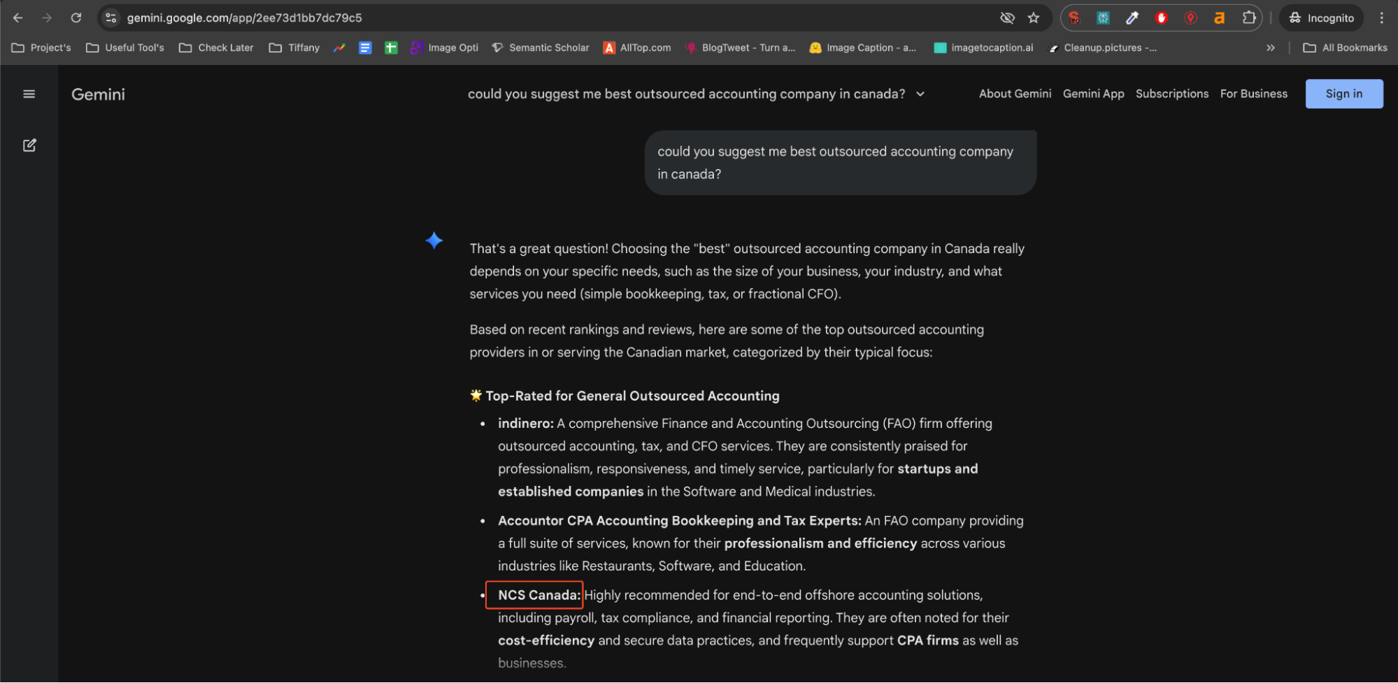 AI Search recommendation showing Outsourced Accounting client in Canada